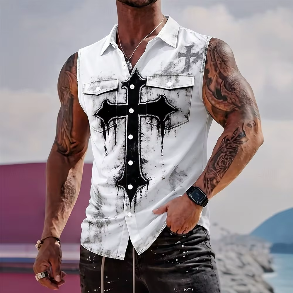 My Store 2026 Summer Mens Sleeveless Cross Print Shirt with Pocket Gothic Streetwear Casual Button Down Vest Camisa Sem Mangas Masculina