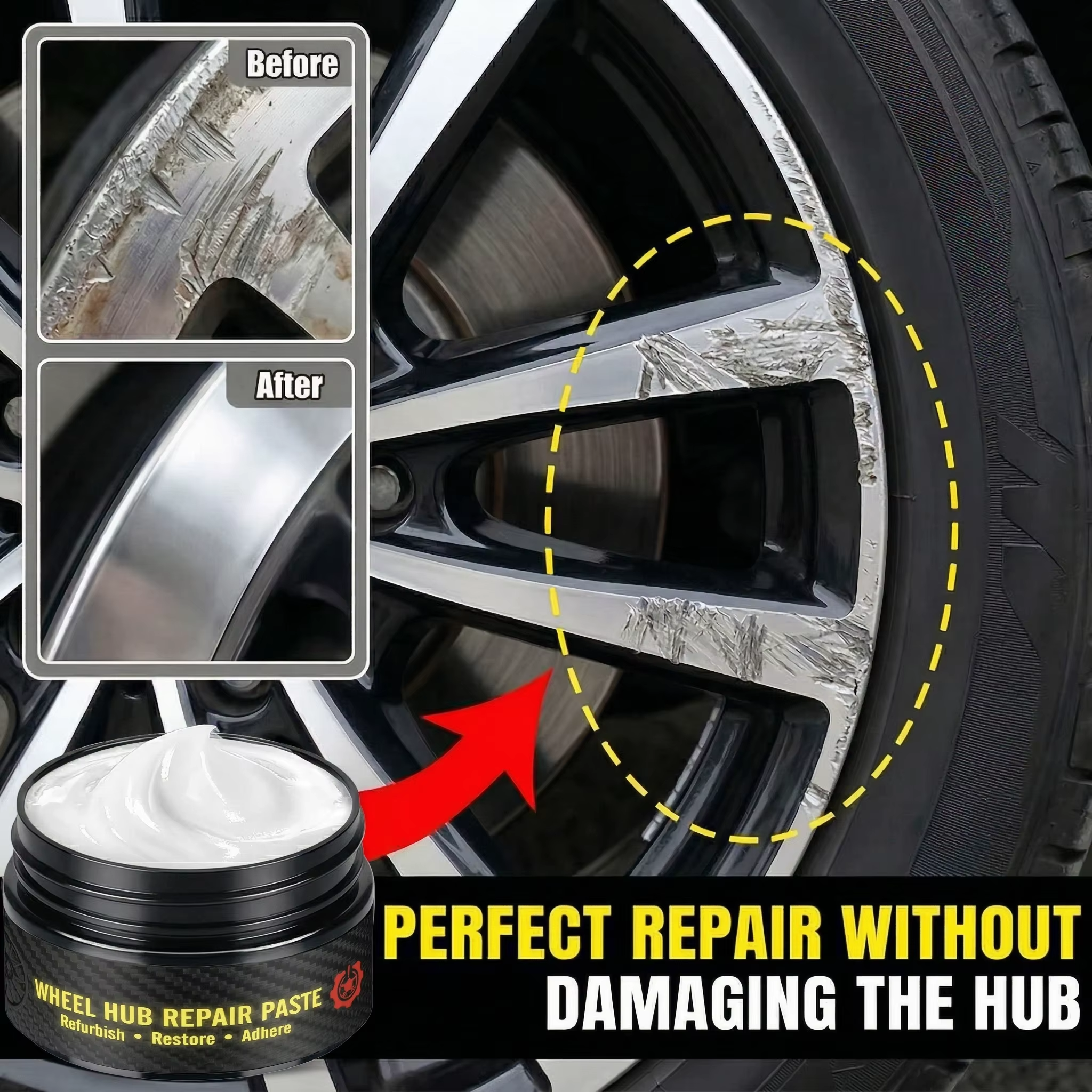 Car wheel rim scratch refurbishment paste, tire rim scratch paint repair paste - black and white silver aluminum alloy rim elect