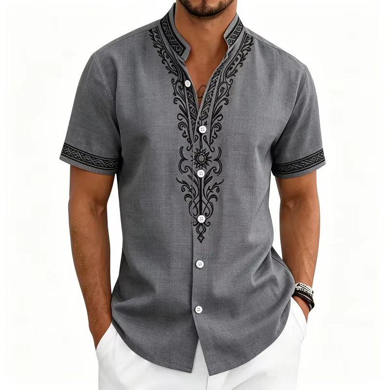 My Store Nwe 2026 New Men's Shirt Standing Collar Short Sleeved Shirt Ethnic Style Printed Top Daily Casual Vacation Business Men's Clothing gray