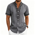 My Store Nwe 2026 New Men's Shirt Standing Collar Short Sleeved Shirt Ethnic Style Printed Top Daily Casual Vacation Business Men's Clothing gray
