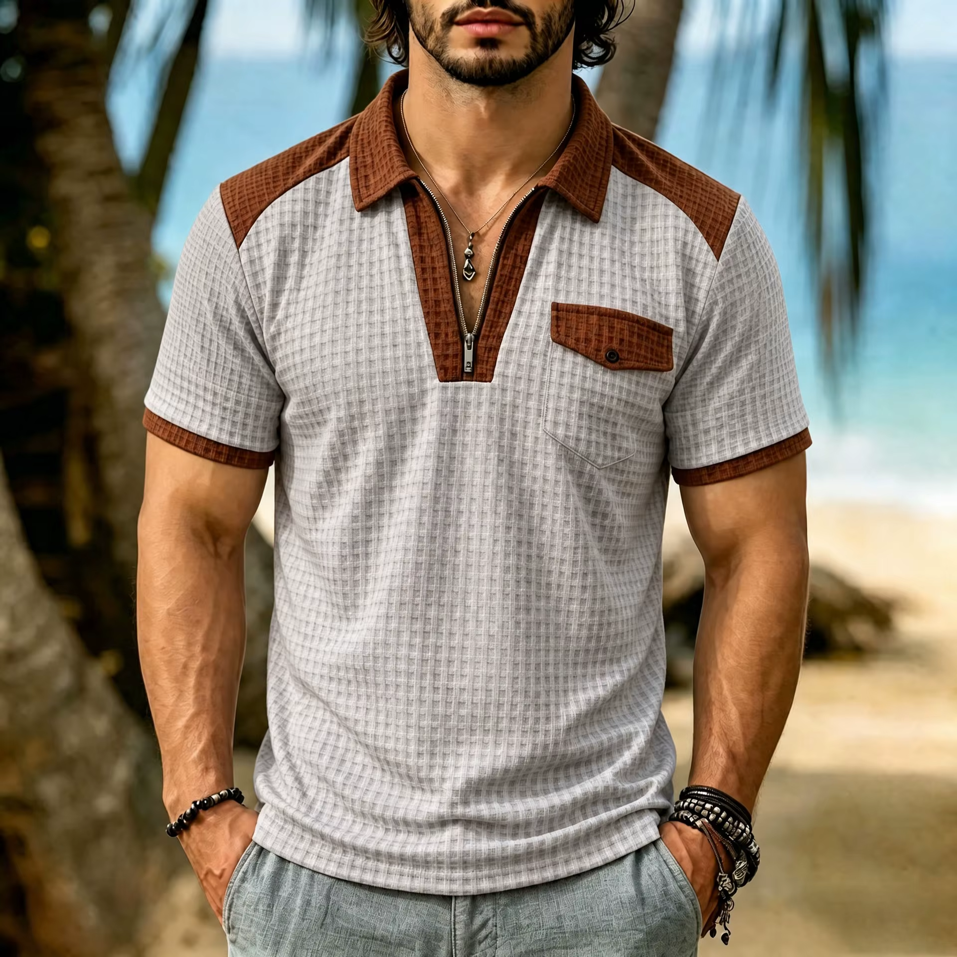My Store 2026 Summer Men's Plaid Polo Shirt Short Sleeve Turn-Down Collar Zipper Tshirts for Men Casual Streetwear New Male Tops