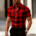 My Store Men's Plaid Shirt, Fashionable and Casual Street Style Short-Sleeved Shirt, Men's Tops, Outdoor Daily Wear, Large