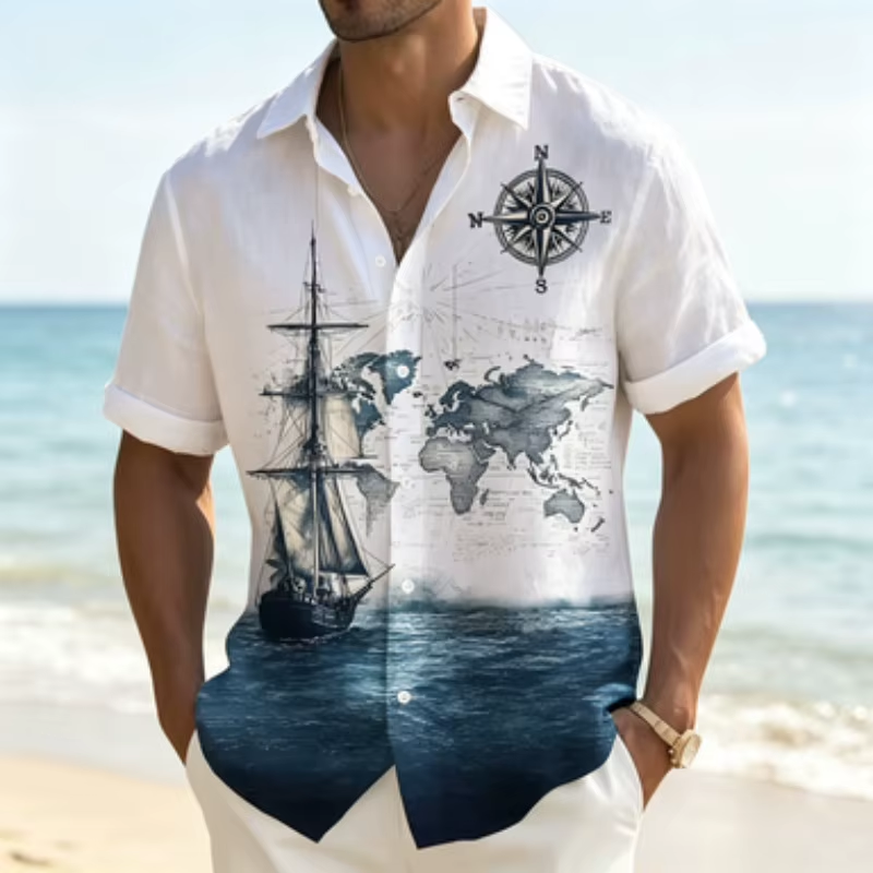 My Store Men's short sleeved shirt sailing compass world map printed short sleeved shirt European and American sailing style lapel shirt